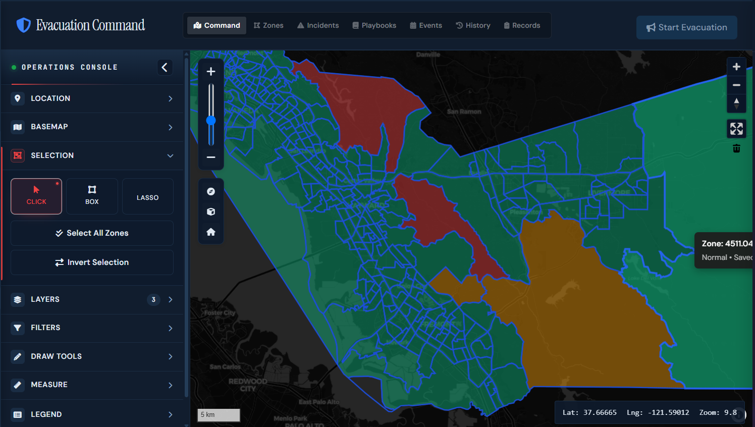 QRM Evacuation Command console showing colour-coded evacuation zones over Alameda County