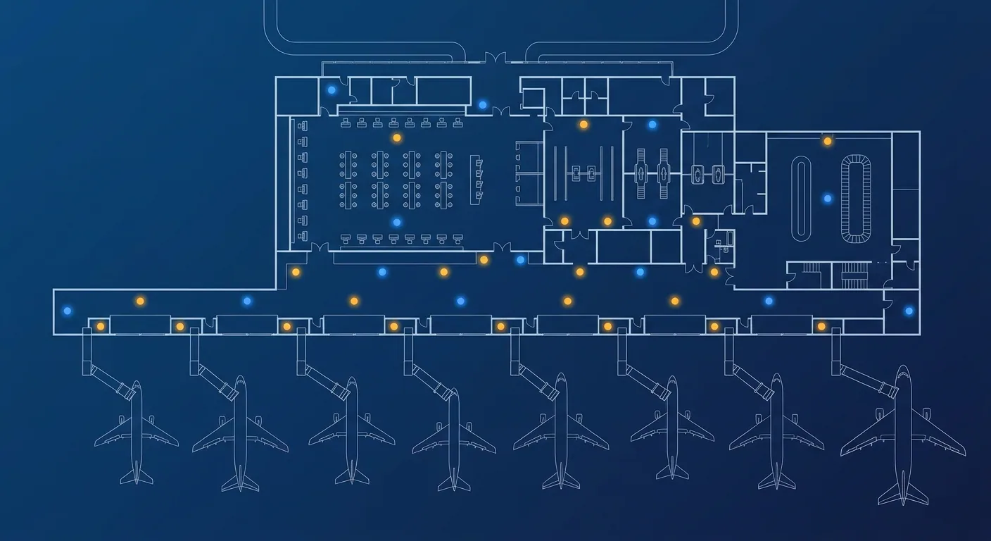 Top-down blueprint floorplan of an airport terminal with check-in hall, security lanes and gates, marked with alerting and security device locations