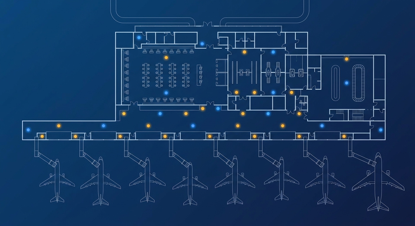 Top-down blueprint floorplan of an airport terminal with check-in hall, security lanes and gates, marked with alerting and security device locations