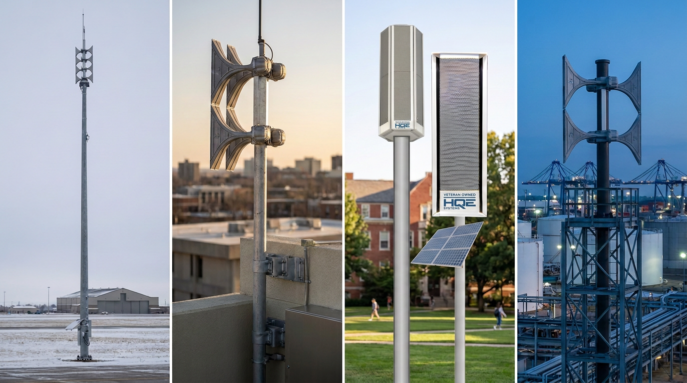 Four-panel collage of HQE outdoor warning sirens across an airfield, a city rooftop, a campus and an industrial port