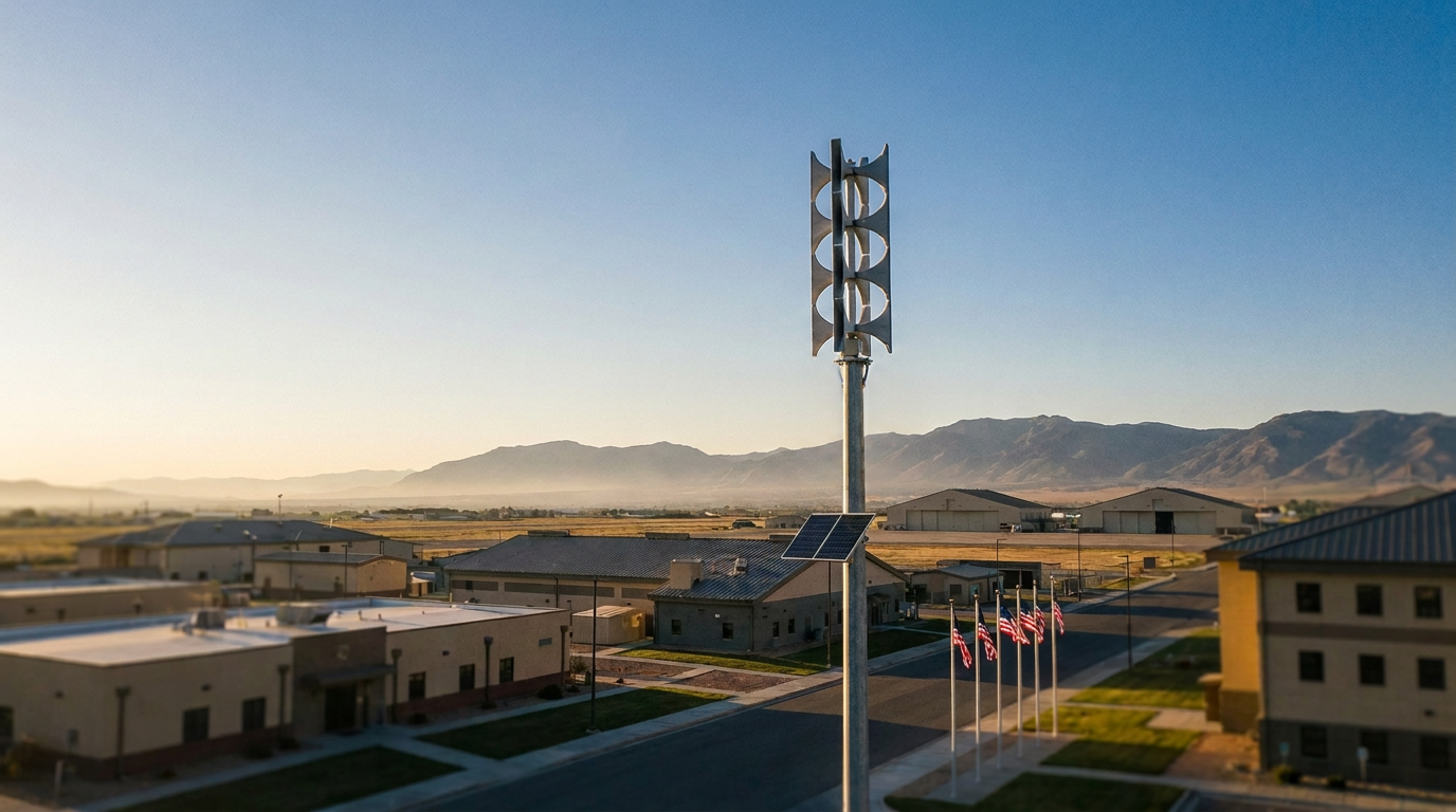 HQE Giant Voice outdoor warning siren on a tall galvanized pole above a United States military installation at golden hour
