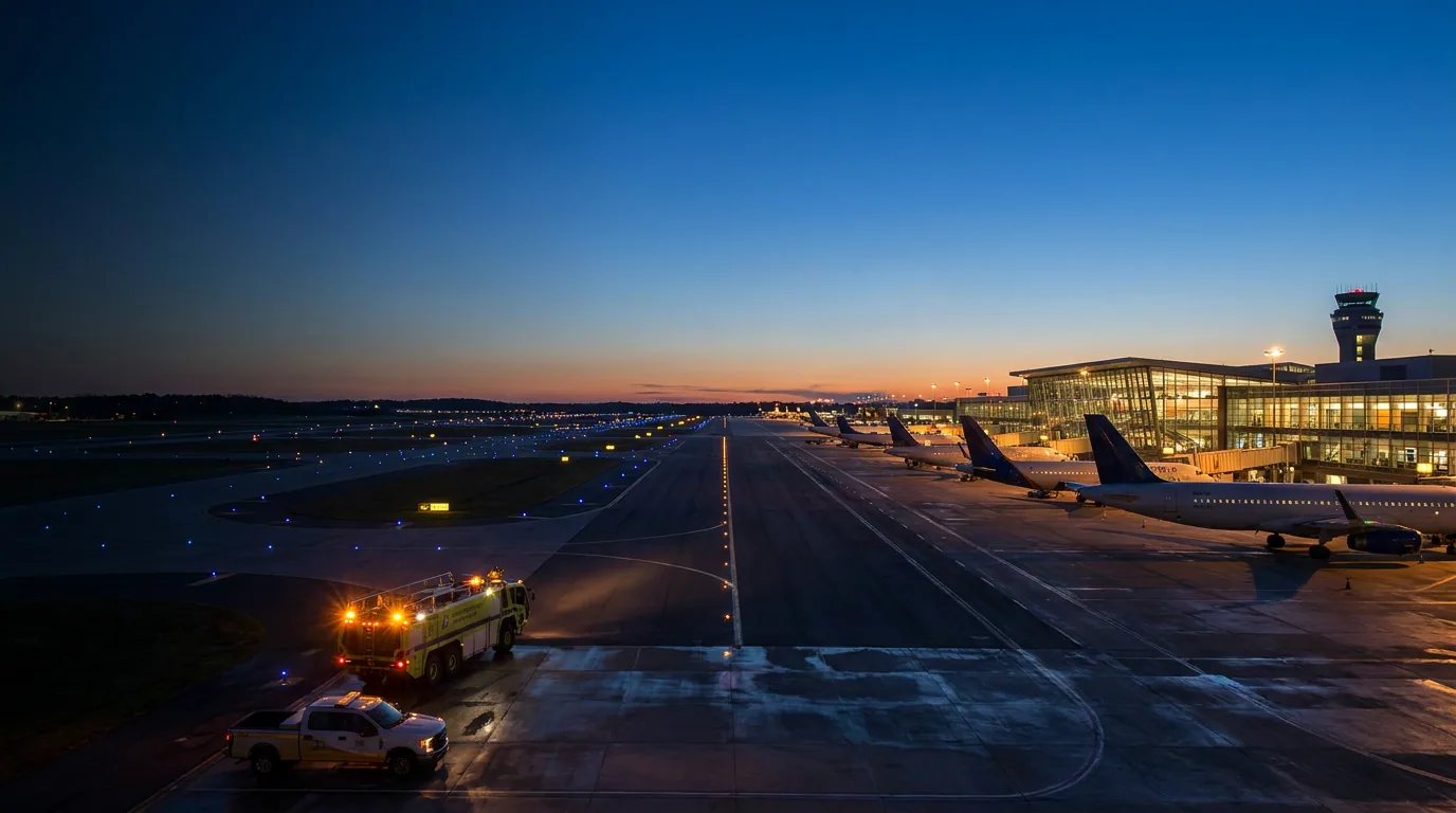 Modern airport at dusk with a lit runway, jets parked at the terminal and the control tower in the distance