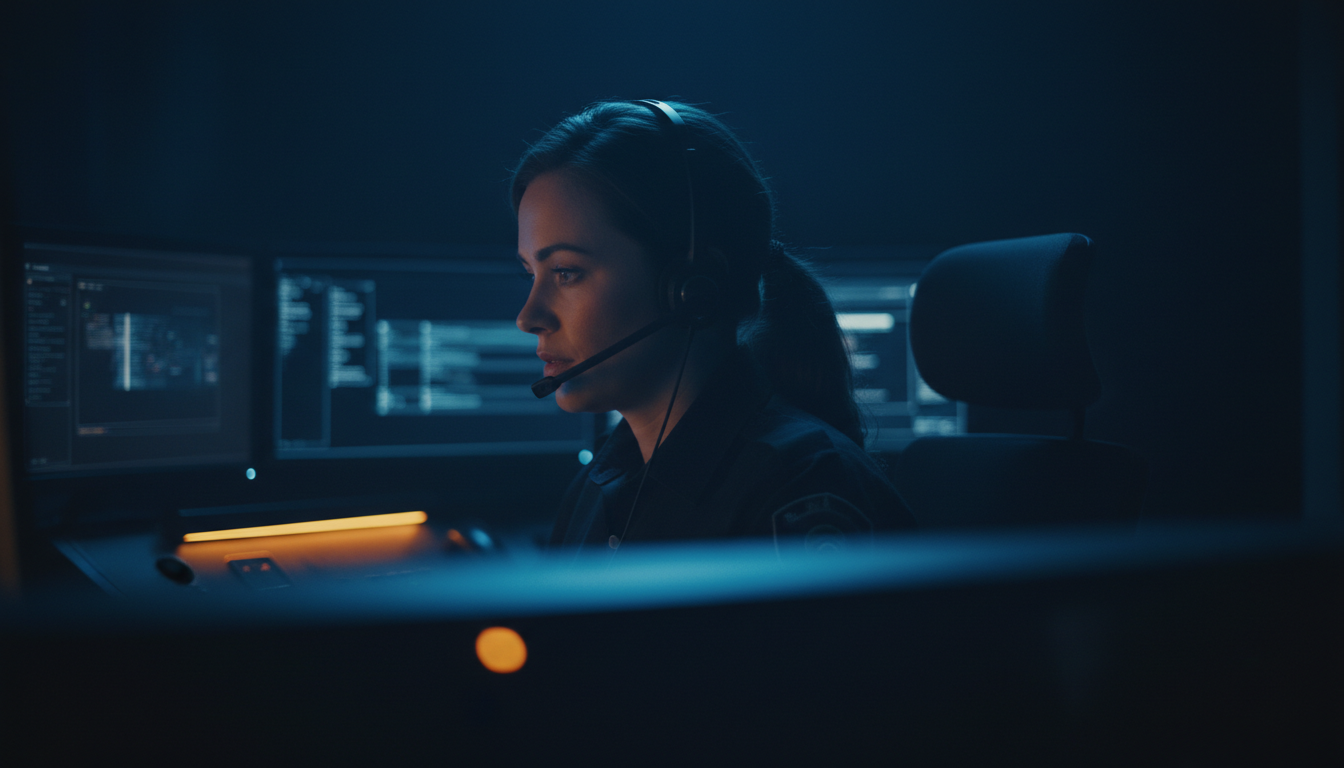 Dispatcher working at a communications console, lit with blue ambient light and warm amber accent glow against a deep navy background