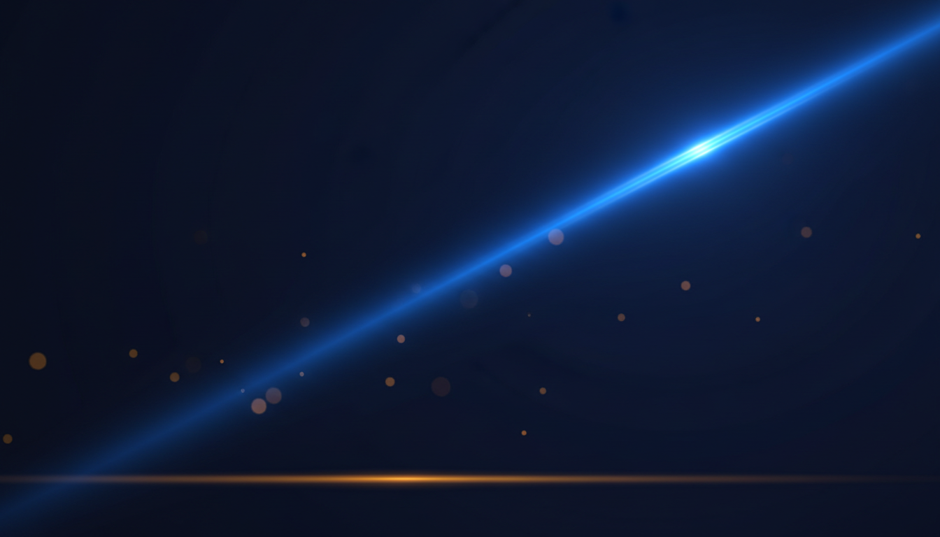 Abstract header banner with deep navy background, electric blue diagonal light sweep, and warm amber accent details in brand colors