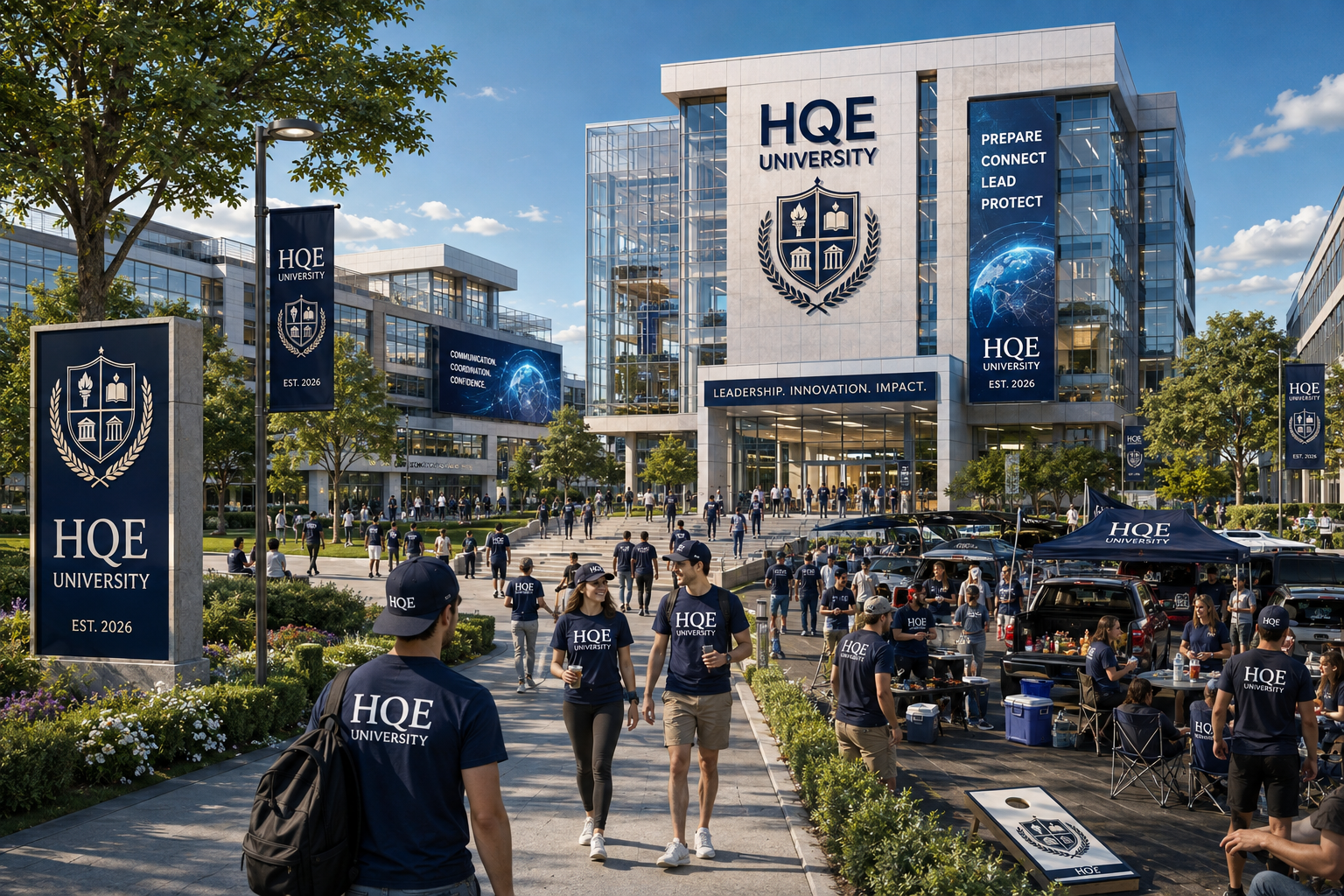 HQE University campus with students in navy HQE apparel walking toward the main building